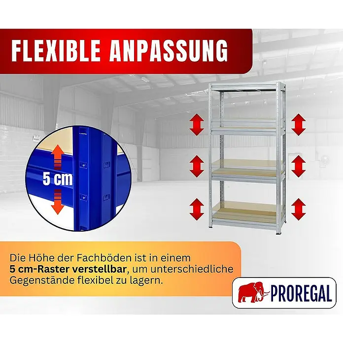 Proregal Schwerlastregal DINO - H x B x T: 180 x 90 x 60 cm, Traglast pro Boden: 600 kg, Anzahl Böden: 4 Stk., Stecken, Verzinkt - Produktbild eines Regals mit flexibler Anpassung. Die Regalböden sind im 5 cm-Raster verstellbar.