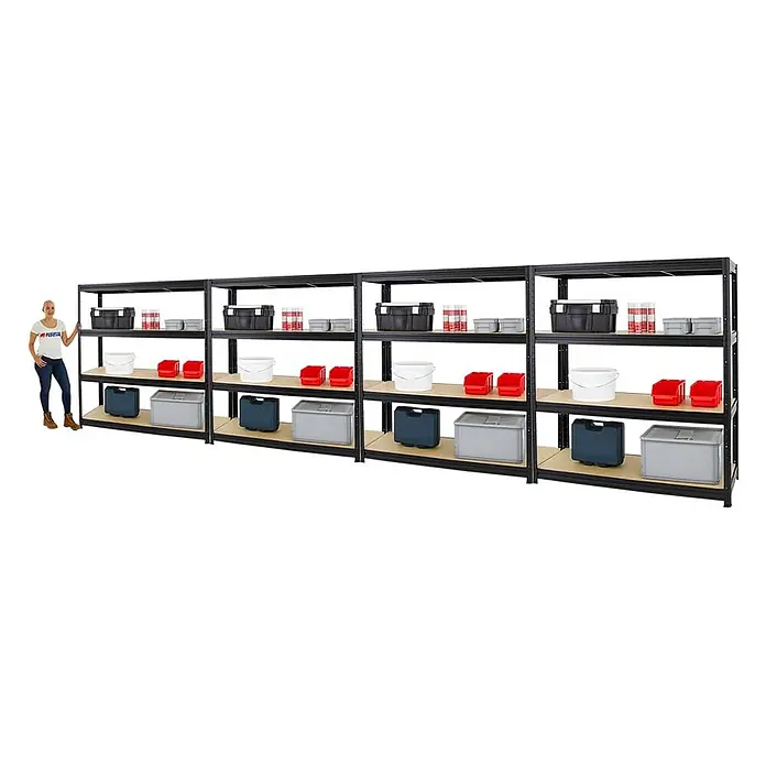 Proregal Schwerlastregal Mega Deal DINO - Traglast pro Boden: 600 kg, Anzahl Böden: 4 Stk., Stecken, Schwarz - Regal mit robustem Metallrahmen und mehreren Regalböden, ideal zur Lagerung von Werkzeugen und Behältern in Garage oder Werkstatt.