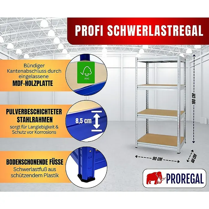 Proregal Schwerlastregal DINO - H x B x T: 180 x 90 x 60 cm, Traglast pro Boden: 600 kg, Anzahl Böden: 4 Stk., Stecken, Verzinkt - Schwerlastregal mit pulverbeschichtetem Stahlrahmen und MDF-Holzplatten für hohe Stabilität und Schutz vor Korrosion, mit den Maßen 180x90x60 cm.
