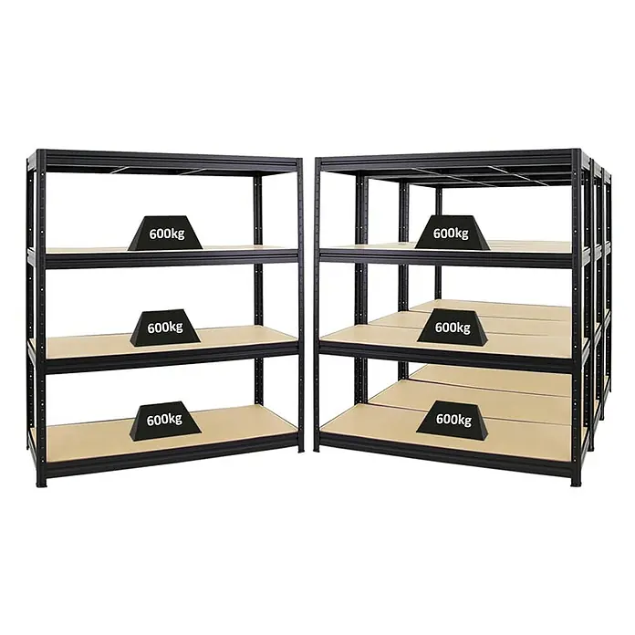 Proregal Schwerlastregal Mega Deal DINO - Traglast pro Boden: 600 kg, Anzahl Böden: 4 Stk., Stecken, Schwarz - Zwei schwarze Metallregale mit Holzregalböden, die jeweils mit Gewichten von 600 kg belastet sind, dargestellt vor einem weißen Hintergrund.