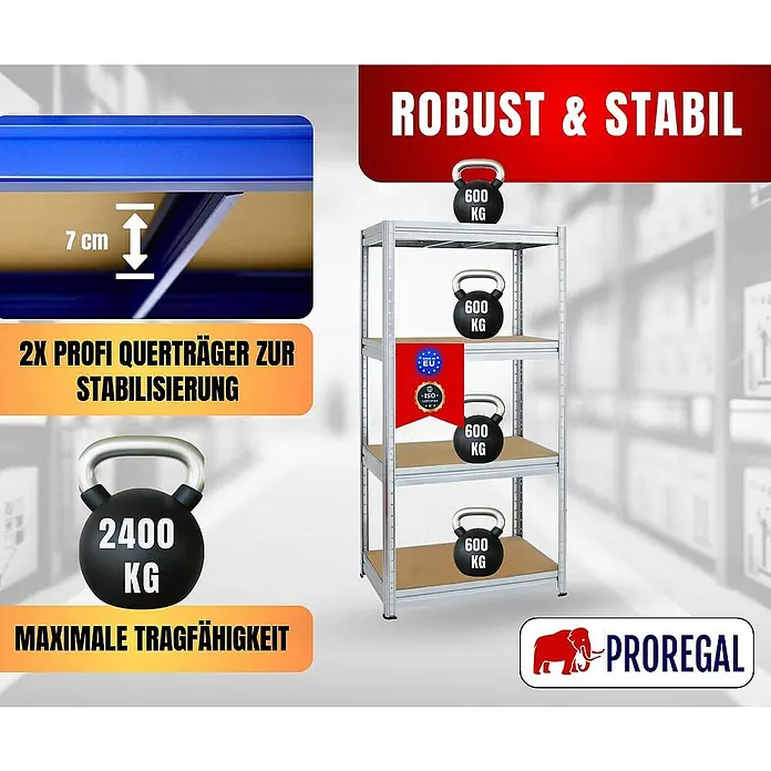 Proregal Schwerlastregal DINO - H x B x T: 180 x 90 x 60 cm, Traglast pro Boden: 600 kg, Anzahl Böden: 4 Stk., Stecken, Verzinkt - Produktbild des Proregal Schwerlastregals mit einer maximalen Tragfähigkeit von 2400 kg. Das Regal ist robust und stabil.
