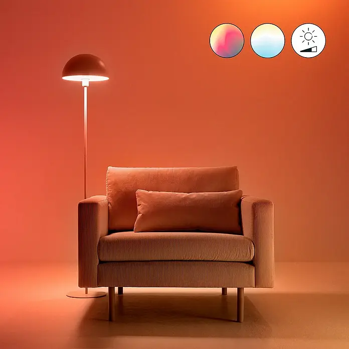Philips Wiz Smart-LED-Lampe - E27, Dimmbar, RGBW, 18,5 W, 1 Stk. - Cord-Sessel mit Stehlampe und Farbauswahl. Die Lampe bietet verschiedene Lichtmodi für eine individuelle Atmosphäre im Raum.
