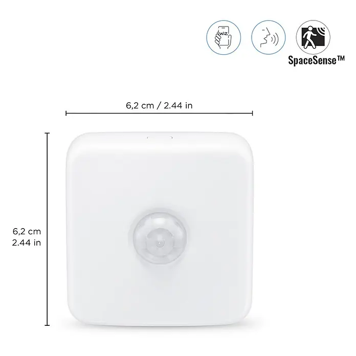 WiZ Bewegungsmelder - Reichweite Sensor: 3 m, Weiß, L x B x H: 6,2 x 6,2 x 5 cm - Nahaufnahme eines weißen WiZ SpaceSense-Bewegungssensors mit den Maßen 6,2 cm x 6,2 cm.