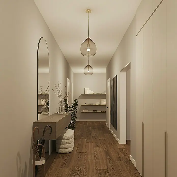Philips Hue Smart-LED-Lampe Set Essential mit Dimmcontroller, Steuerzentrale - 8 W, RGBW, 806 lm, 1 Stk. - Einladender Flur mit stilvoller Beleuchtung, Spiegel und Holzboden. Die Pendelleuchten setzen elegante Akzente in diesem modernen Eingangsbereich.
