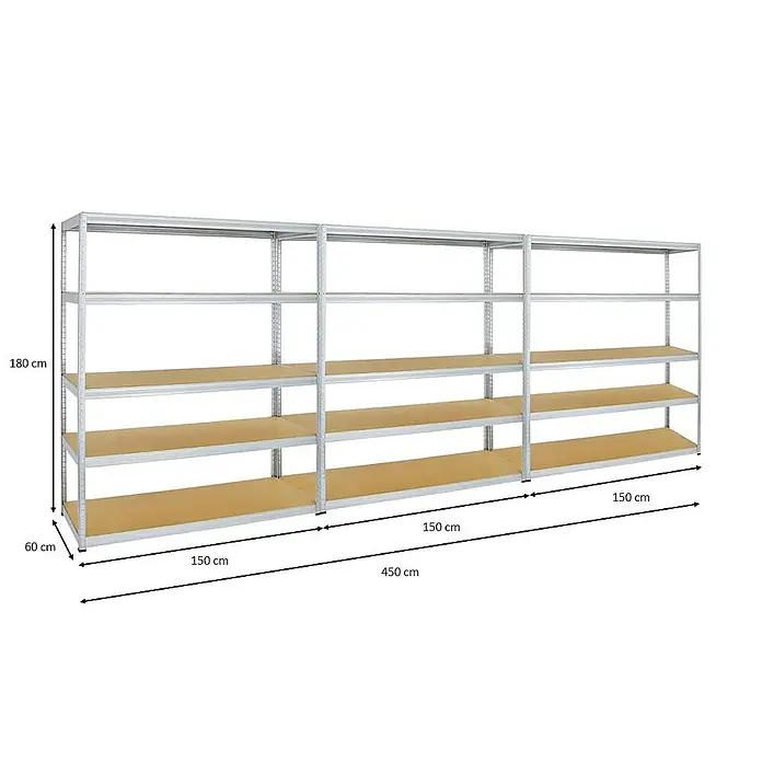 Proregal Schwerlastregal Mega Deal Giant Elephant - Traglast pro Boden: 200 kg, Anzahl Böden: 5 Stk., Stecken, Verzinkt - Produktbild eines langen Regalsystems mit mehreren Regalböden und den Maßen 180 x 60 x 450 cm.