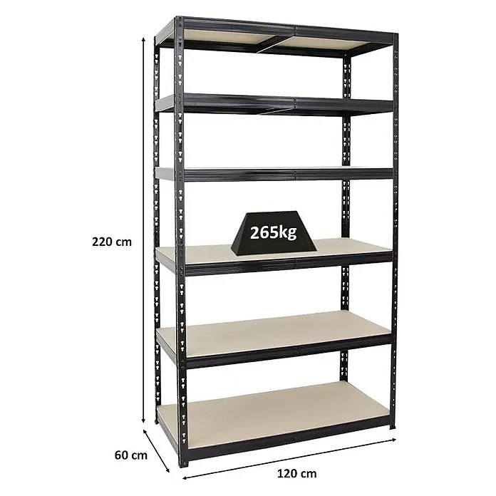 Proregal Schwerlastregal Giant Tiger XL - Traglast pro Boden: 265 kg, Anzahl Böden: 6 Stk., Stecken, Schwarz - Abgebildet ist ein schwarzes Schwerlastregal mit sechs Böden und den Maßen 220x120x60 cm, wobei ein Gewicht von 265 kg auf einem der Böden liegt.