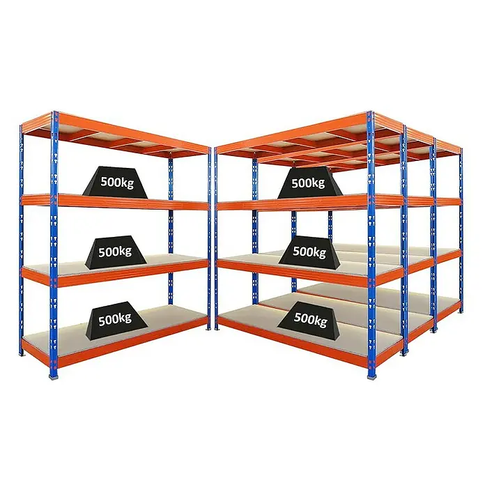 Proregal Schwerlastregal Mega Deal Profi RHINO - H x B x T: 200 x 200 x 60 cm, Traglast pro Boden: 500 kg, Anzahl Böden: 4 Stk., Stecken, Blau-Orange - Bild von zwei blauen und orangenen Schwerlastregalen mit jeweils drei Böden, beladen mit Gewichten von 500kg.