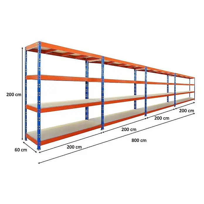 Proregal Schwerlastregal Mega Deal Profi RHINO - H x B x T: 200 x 200 x 60 cm, Traglast pro Boden: 500 kg, Anzahl Böden: 4 Stk., Stecken, Blau-Orange - Langes, blau-oranges Lagerregal mit mehreren Ebenen und Abmessungen in Zentimetern dargestellt.
