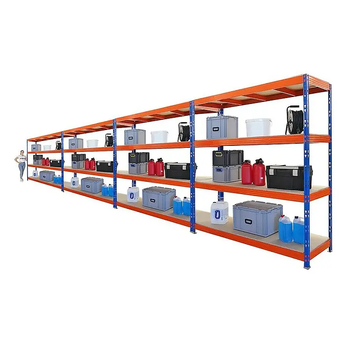 Proregal Schwerlastregal Mega Deal Profi RHINO - H x B x T: 200 x 200 x 60 cm, Traglast pro Boden: 500 kg, Anzahl Böden: 4 Stk., Stecken, Blau-Orange - Regaleinheit mit drei Ebenen, beladen mit verschiedenen Behältern und Kanistern, ideal für Lagerung und Organisation.
