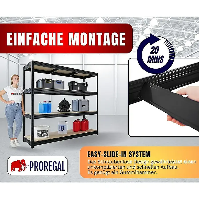 Proregal Schwerlastregal DINO - Traglast pro Boden: 500 kg, Anzahl Böden: 4 Stk., Stecken, Schwarz - Produktbild eines PROREGAL Lagerregals mit einfacher Montage und einem Easy-Slide-In-System.