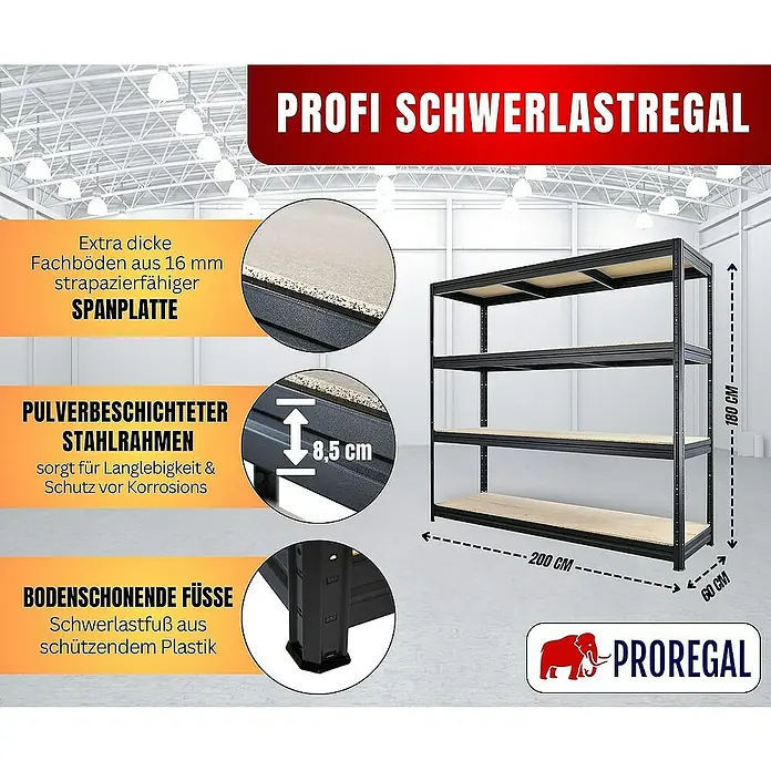 Proregal Schwerlastregal DINO - Traglast pro Boden: 500 kg, Anzahl Böden: 4 Stk., Stecken, Schwarz - Schwerlastregal mit extra dicken Fachböden aus Spanplatte, pulverbeschichtetem Stahlrahmen und bodenschonenden Füßen.