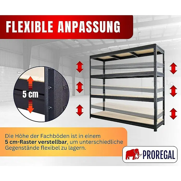 Proregal Schwerlastregal DINO - Traglast pro Boden: 500 kg, Anzahl Böden: 4 Stk., Stecken, Schwarz - Flexibles Lagerregal mit verstellbaren Fachböden im 5 cm-Raster für eine optimale Anpassung an unterschiedliche Gegenstände.