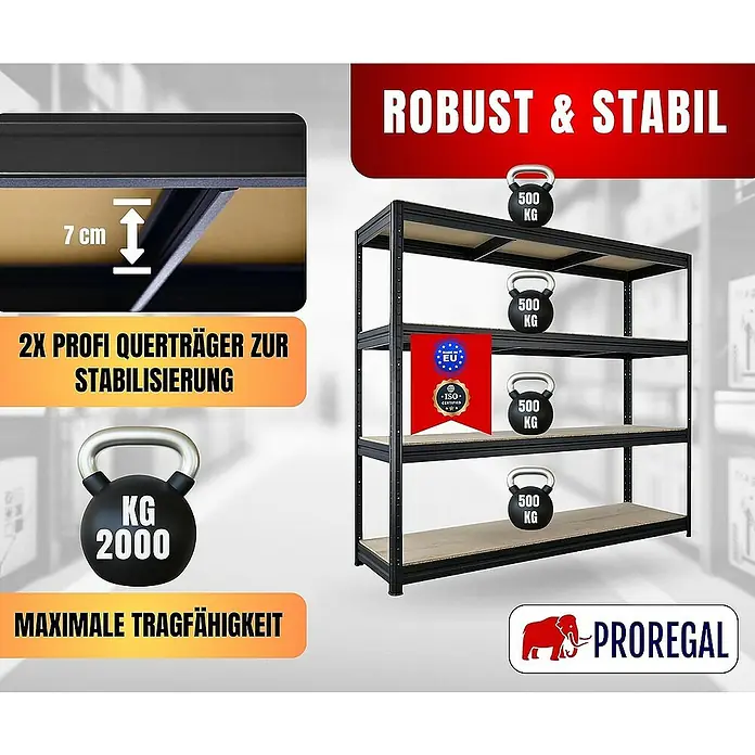 Proregal Schwerlastregal DINO - Traglast pro Boden: 500 kg, Anzahl Böden: 4 Stk., Stecken, Schwarz - Produktbild eines robusten und stabilen Regalsystems mit einer maximalen Tragfähigkeit von 2000 kg, ideal für Lagerung und Organisation.