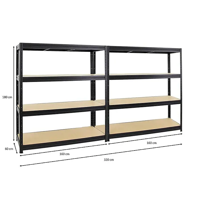 Proregal Schwerlastregal Mega Deal DINO - Traglast pro Boden: 600 kg, Anzahl Böden: 4 Stk., Stecken, Schwarz - Abbildung eines schwarzen Metallregals mit vier Regalböden und Maßangaben. Das Regal ist 180 cm hoch und 160 cm breit.