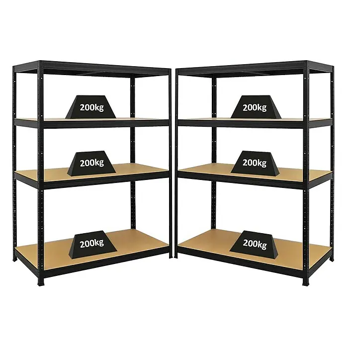 Proregal Schwerlastregal Mega Deal Big Elephant - H x B x T: 160 x 120 x 60 cm, Traglast pro Boden: 200 kg, Anzahl Böden: 4 Stk., Stecken, Schwarz - Zwei Schwerlastregale aus Metall mit je vier Regalböden, auf denen Gewichte von 200kg platziert sind.