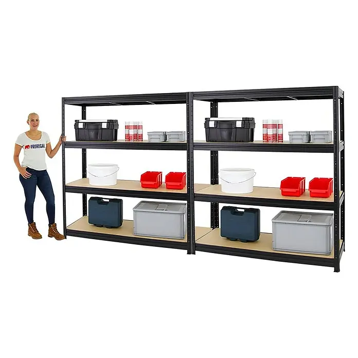 Proregal Schwerlastregal Mega Deal DINO - Traglast pro Boden: 600 kg, Anzahl Böden: 4 Stk., Stecken, Schwarz - Schwarzes Schwerlastregal mit 3 Regalböden und verschiedenen Aufbewahrungsbehältern. Ideal für Garage, Keller oder Lager.