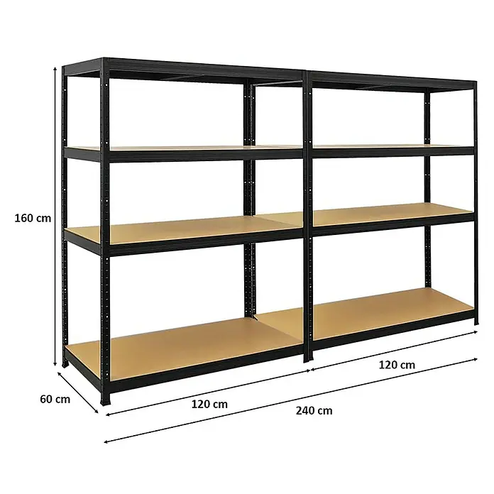 Proregal Schwerlastregal Mega Deal Big Elephant - H x B x T: 160 x 120 x 60 cm, Traglast pro Boden: 200 kg, Anzahl Böden: 4 Stk., Stecken, Schwarz - Ein Regal mit vier Ebenen und den Maßen 160 cm Höhe, 240 cm Breite und 60 cm Tiefe, ideal für Lagerung und Organisation.