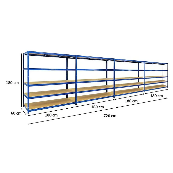 Proregal Schwerlastregal Mega Deal Giant Elephant - H x B x T: 180 x 180 x 60 cm, Traglast pro Boden: 200 kg, Anzahl Böden: 5 Stk., Stecken, Blau - Lagerregal mit vier Regalböden. Das Regal ist blau und hat eine Höhe von 180cm, eine Breite von 60cm und eine Länge von 720cm.