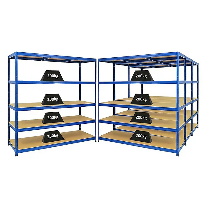 Proregal Schwerlastregal Mega Deal Giant Elephant - H x B x T: 180 x 180 x 60 cm, Traglast pro Boden: 200 kg, Anzahl Böden: 5 Stk., Stecken, Blau - Regale mit blauen Rahmen und Holzregalböden, auf denen schwarze Gewichte mit der Aufschrift "200kg" platziert sind, was die Tragfähigkeit der Regale hervorhebt.