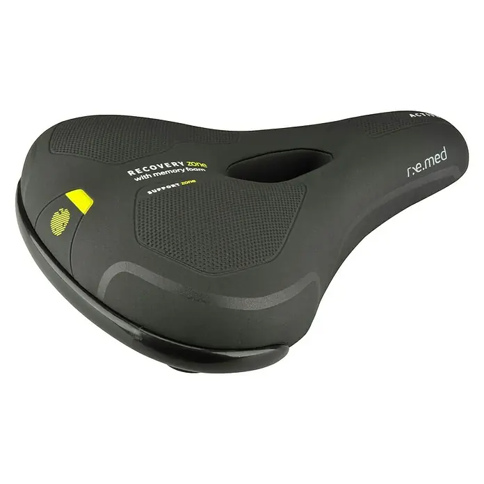 Fischer R.E.Med. Fahrradsattel - Memory-Foam-Einlage, Geeignet für: Trekkingräder - Nahaufnahme eines schwarzen r.e.med Fahrradsattels mit Memory Foam und Unterstützung für eine bequeme Fahrt.