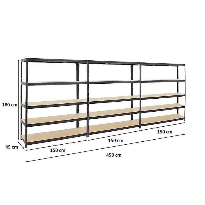 Proregal Schwerlastregal Mega Deal Giant Elephant - H x B x T: 180 x 150 x 45 cm, Traglast pro Boden: 200 kg, Anzahl Böden: 5 Stk., Stecken, Schwarz - Abbildung eines schwarzen Metallregals mit mehreren Einlegeböden und Größenangaben.\n