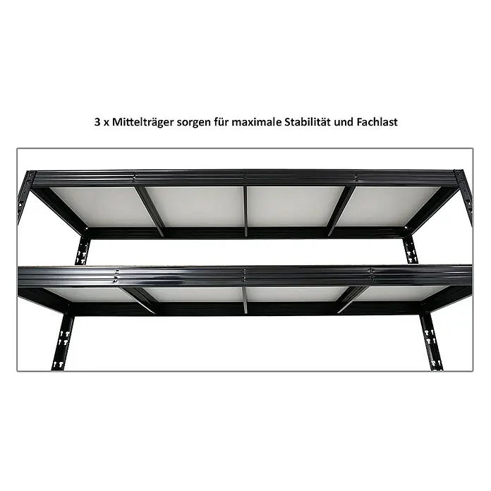 Proregal Schwerlastregal Mega Deal Profi RHINO - Traglast pro Boden: 500 kg, Anzahl Böden: 4 Stk., Stecken, Schwarz - Schwerlastregal mit drei Mittelträgern für maximale Stabilität und hohe Fachlast. Das Regal ist robust und bietet viel Stauraum.
