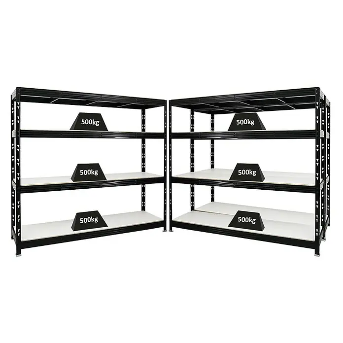 Proregal Schwerlastregal Mega Deal Profi RHINO - Traglast pro Boden: 500 kg, Anzahl Böden: 4 Stk., Stecken, Schwarz - Metallregale mit Regalböden, die jeweils mit einem 500kg Gewicht belastet sind, was die Stabilität und Tragfähigkeit der Regale demonstriert.