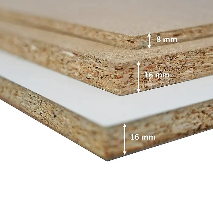 Proregal Schwerlastregal Mega Deal Profi RHINO - Traglast pro Boden: 500 kg, Anzahl Böden: 4 Stk., Stecken, Schwarz - Detailaufnahme von drei Spanplatten unterschiedlicher Dicke, 8 mm und 16 mm, zur Darstellung ihrer Beschaffenheit.