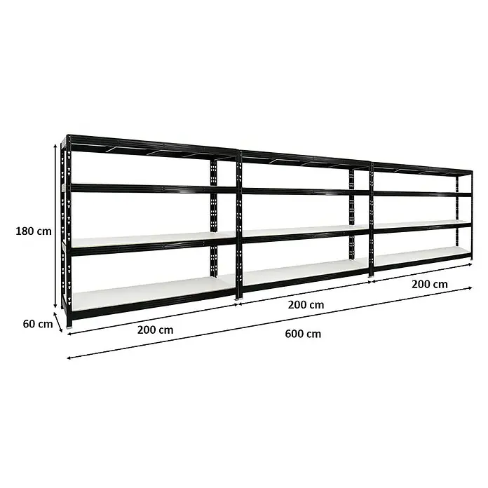 Proregal Schwerlastregal Mega Deal Profi RHINO - Traglast pro Boden: 500 kg, Anzahl Böden: 4 Stk., Stecken, Schwarz - Schwarzes Metallregal mit weißen Regalböden und Größenangaben. Ideal für Lagerung und Organisation.