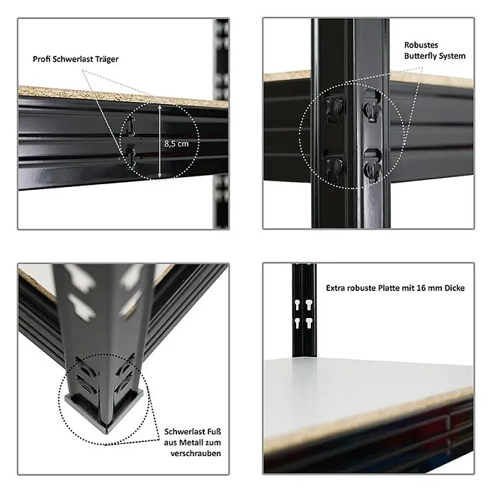 Proregal Schwerlastregal Mega Deal Profi RHINO - Traglast pro Boden: 500 kg, Anzahl Böden: 4 Stk., Stecken, Schwarz - Detailaufnahmen eines Schwerlastregals mit Profi Schwerlast Trägern, robustem Butterfly System und extra robuster Platte.
