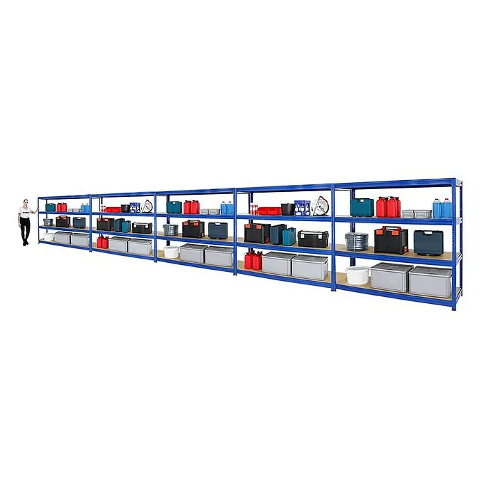Proregal Schwerlastregal Mega Deal DINO - Traglast pro Boden: 600 kg, Anzahl Böden: 4 Stk., Stecken, Blau - Aufnahme eines blauen Lagerregals mit 3 Ebenen, auf denen verschiedene Gegenstände wie Kisten, Behälter und Kanister gelagert werden.