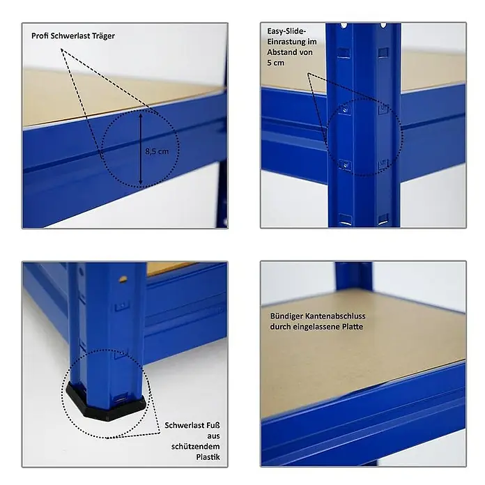 Proregal Schwerlastregal Mega Deal DINO - Traglast pro Boden: 600 kg, Anzahl Böden: 4 Stk., Stecken, Blau - Detailansichten eines blauen Schwerlastregals, das seine robuste Bauweise und einfache Montage durch Easy-Slide-Funktion hervorhebt.