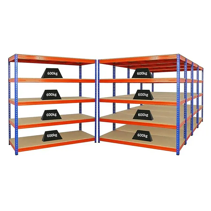 Proregal Schwerlastregal Mega Deal BISON - H x B x T: 200 x 200 x 60 cm, Traglast pro Boden: 600 kg, Anzahl Böden: 5 Stk., Stecken, Blau-Orange - Das Bild zeigt ein Schwerlastregal mit mehreren Ebenen, belastet mit Gewichten, die das robuste Design hervorheben.