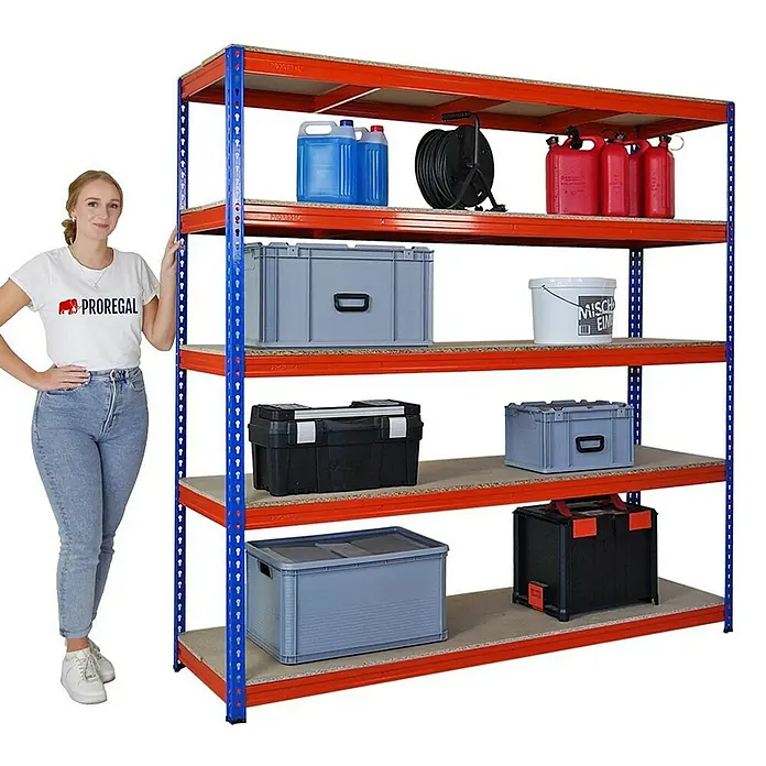 Proregal Schwerlastregal Mega Deal BISON - H x B x T: 200 x 200 x 60 cm, Traglast pro Boden: 600 kg, Anzahl Böden: 5 Stk., Stecken, Blau-Orange - Ein geräumiges Schwerlastregal mit fünf Regalböden, ideal für Werkstatt, Garage oder Lager. Das Regal ist robust und vielseitig.