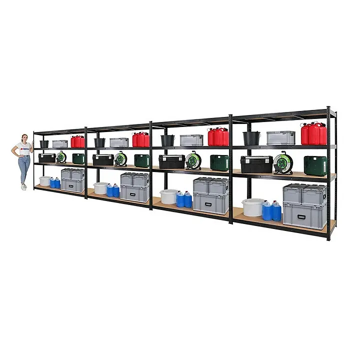 Proregal Schwerlastregal Mega Deal TAURUS - Traglast pro Boden: 250 kg, Anzahl Böden: 5 Stk., Stecken, Schwarz - Das Bild zeigt ein Schwerlastregal mit vier Regalebenen, beladen mit verschiedenen Aufbewahrungsboxen, Eimern und Kanistern.