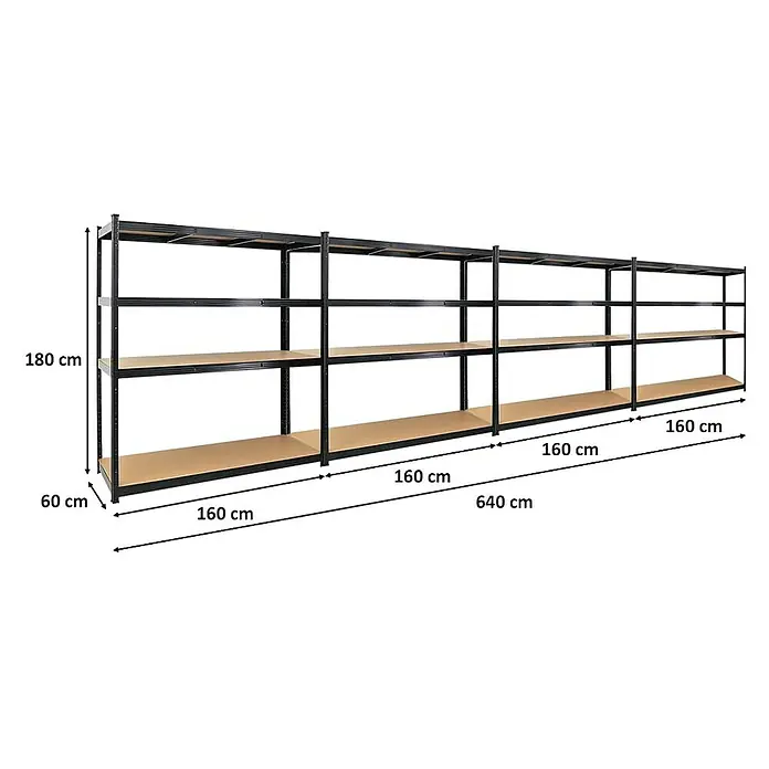 Proregal Schwerlastregal Mega Deal TAURUS - Traglast pro Boden: 250 kg, Anzahl Böden: 5 Stk., Stecken, Schwarz - Regalsystem mit vier Ebenen, ideal für Lagerung, mit Maßen 180 x 640 x 60 cm. Robuste Bauweise für hohe Tragfähigkeit.