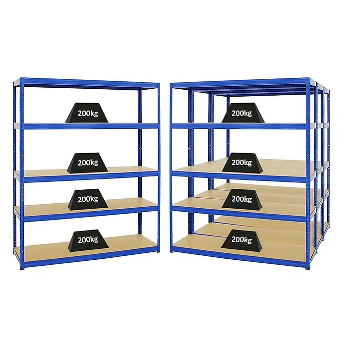 Proregal Schwerlastregal Mega Deal Giant Elephant - H x B x T: 180 x 150 x 45 cm, Traglast pro Boden: 200 kg, Anzahl Böden: 5 Stk., Stecken, Blau - Lagerregale aus Metall mit Holzböden und Gewichten. Die Regale sind blau und haben eine hohe Tragfähigkeit für schwere Lasten.