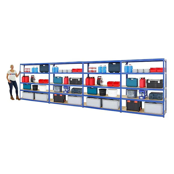 Proregal Schwerlastregal Mega Deal Giant Elephant - H x B x T: 180 x 150 x 45 cm, Traglast pro Boden: 200 kg, Anzahl Böden: 5 Stk., Stecken, Blau - Ein großes blaues Lagerregal mit fünf Ebenen, das mit verschiedenen Werkzeugen und Behältern gefüllt ist.