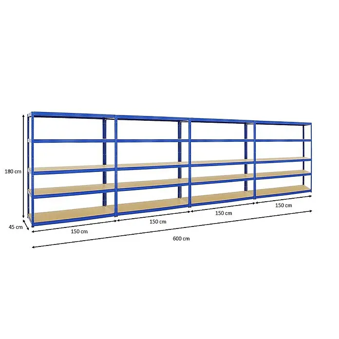 Proregal Schwerlastregal Mega Deal Giant Elephant - H x B x T: 180 x 150 x 45 cm, Traglast pro Boden: 200 kg, Anzahl Böden: 5 Stk., Stecken, Blau - Abbildung eines blauen Metallregals mit vier Holzregalböden und den Maßen 180 cm Höhe, 45 cm Tiefe und 600 cm Breite.