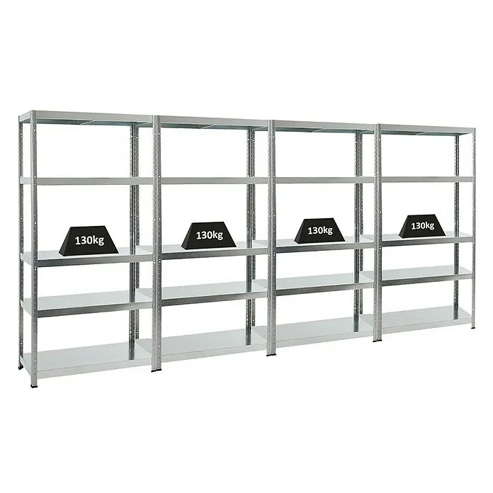 Proregal Metallregal Mega Deal Steel Eagle - Traglast pro Boden: 130 kg, Anzahl Böden: 5 Stk., Stecken, Verzinkt - Das Bild zeigt ein Regal mit mehreren Regalböden, auf denen Gewichte platziert sind. Es ist ein robustes und stabiles Lagerregal.