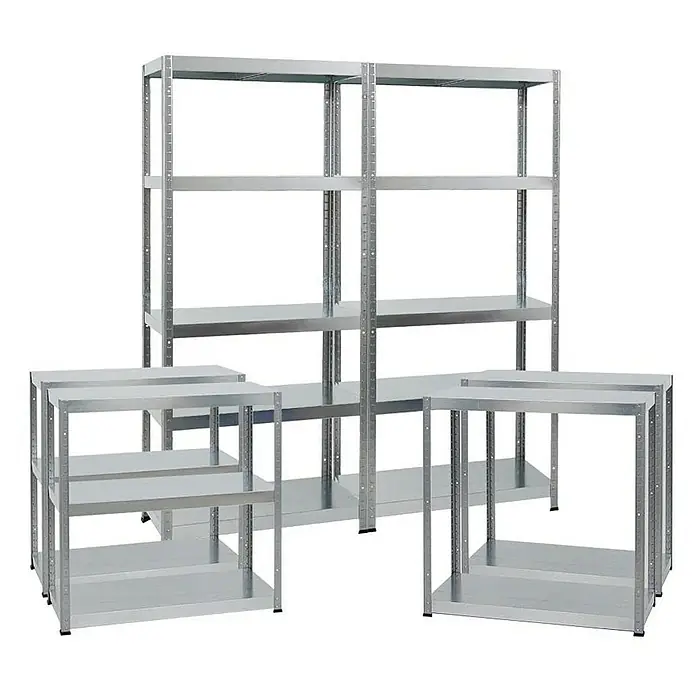 Proregal Metallregal Mega Deal Steel Eagle - Traglast pro Boden: 130 kg, Anzahl Böden: 5 Stk., Stecken, Verzinkt - Das Bild zeigt eine Anordnung von verzinkten Metallregalen in verschiedenen Größen und Konfigurationen. Die robusten Lagerregale sind ideal für Garage oder Lager.