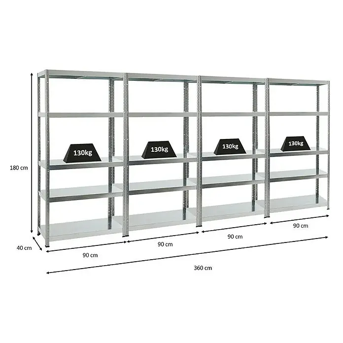Proregal Metallregal Mega Deal Steel Eagle - Traglast pro Boden: 130 kg, Anzahl Böden: 5 Stk., Stecken, Verzinkt - Aufnahme von vier silbernen Metallregalen mit Gewichten zur Gewichtsverteilungsanzeige, mit Maßangaben für Höhe, Breite und Tiefe.