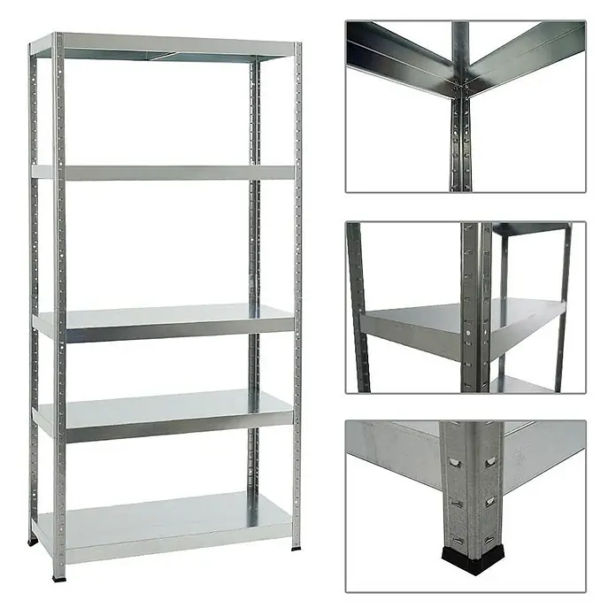Proregal Metallregal Mega Deal Steel Eagle - Traglast pro Boden: 130 kg, Anzahl Böden: 5 Stk., Stecken, Verzinkt - Abbildung eines silbernen Metallregals mit fünf Ablagen, ideal für Lagerung.