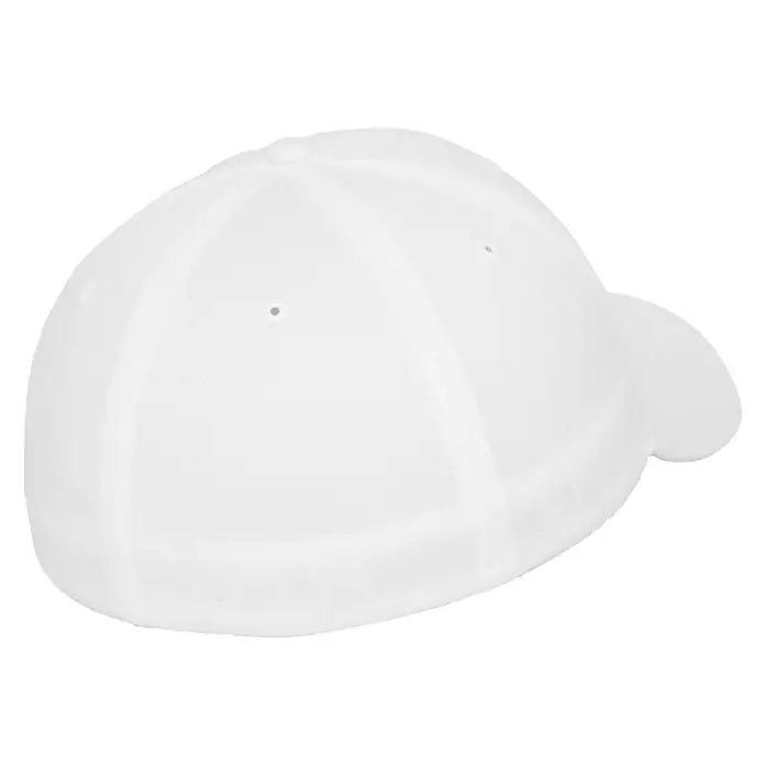 Flexfit Gorra Wooly Combed - Blanco, L/XL - Primer plano de una gorra de béisbol blanca que destaca su forma elegante y su diseño transpirable. Ideal para deportes y uso casual.