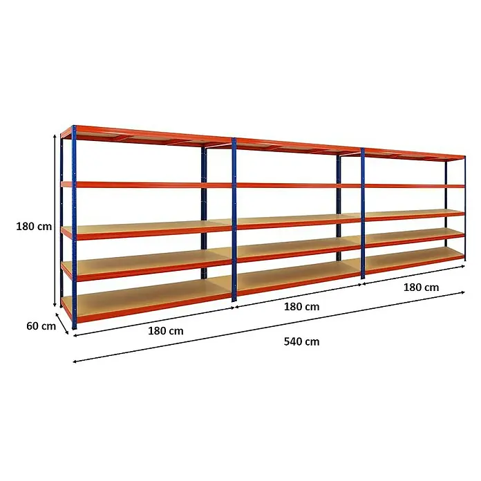 Proregal Schwerlastregal Mega Deal Giant Elephant - H x B x T: 180 x 180 x 60 cm, Traglast pro Boden: 200 kg, Anzahl Böden: 5 Stk., Stecken, Blau-Orange - Ein langes, mehrteiliges Lagerregal aus Metall mit vier Regalebenen. Ideal zur Lagerung und Organisation verschiedener Gegenstände.