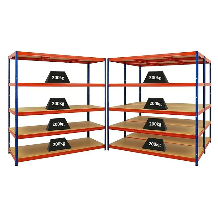Proregal Schwerlastregal Mega Deal Giant Elephant - H x B x T: 180 x 180 x 60 cm, Traglast pro Boden: 200 kg, Anzahl Böden: 5 Stk., Stecken, Blau-Orange - Regale mit Waren: Zwei blaue und rote Regale, jedes mit vier Regalböden, von denen jeder eine 200 kg schwere, schwarze Last trägt.