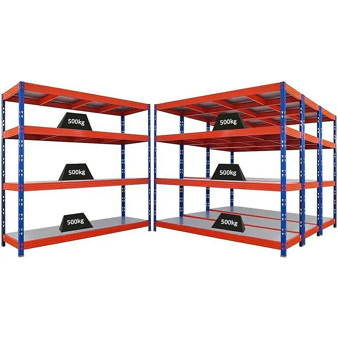 Proregal Schwerlastregal Mega Deal Profi RHINO - Traglast pro Boden: 500 kg, Anzahl Böden: 4 Stk., Stecken, Blau-Orange - Ein Blick auf zwei Lagerregale, die mit Gewichten von 500 kg beladen sind. Die Regale haben blaue Ständer und orangefarbene Regalböden.