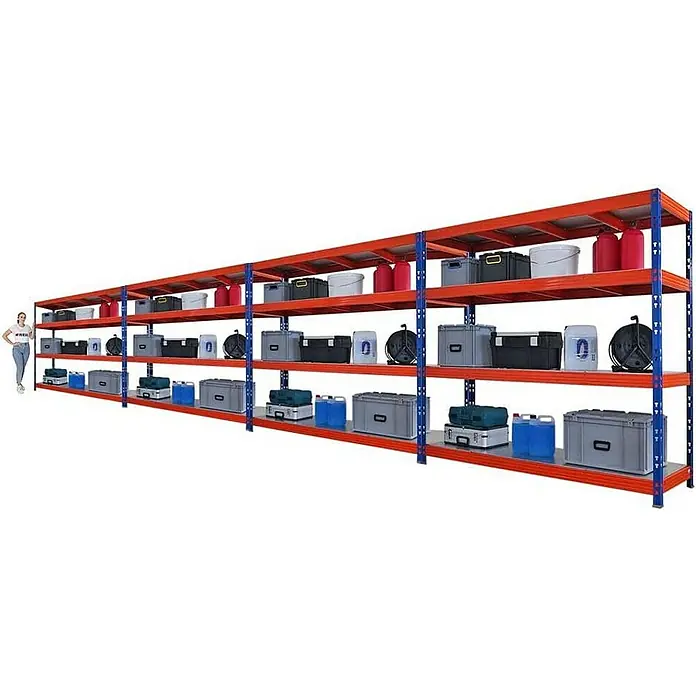Proregal Schwerlastregal Mega Deal Profi RHINO - Traglast pro Boden: 500 kg, Anzahl Böden: 4 Stk., Stecken, Blau-Orange - Lange orange Regale mit Lagerbehältern unterschiedlicher Größe, darunter Kanister, Boxen, Eimer und anderes Zubehör.