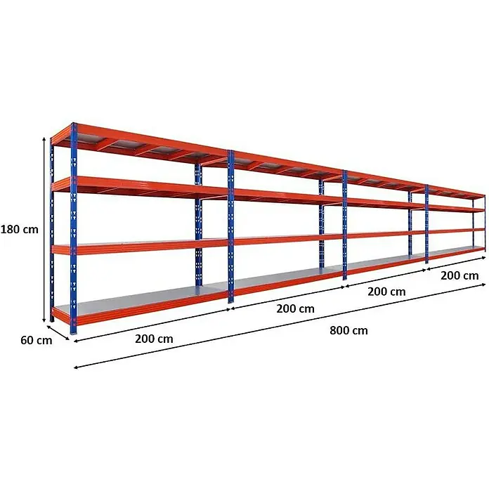 Proregal Schwerlastregal Mega Deal Profi RHINO - Traglast pro Boden: 500 kg, Anzahl Böden: 4 Stk., Stecken, Blau-Orange - Regal mit 4 Ebenen aus blauem Stahl und orangefarbenen Regalböden, mit Maßangaben versehen.