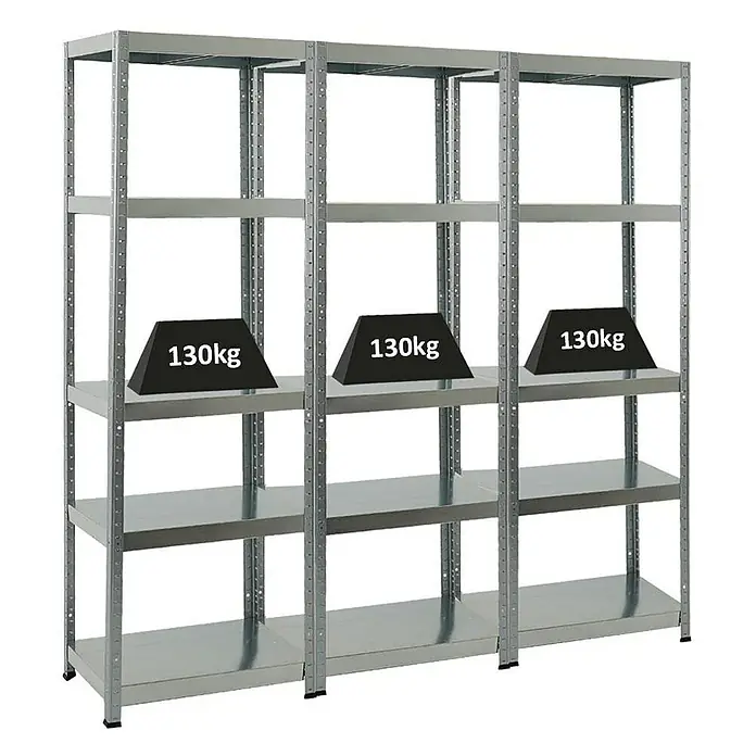 Proregal Metallregal Mega Deal Steel Eagle - Traglast pro Boden: 130 kg, Anzahl Böden: 5 Stk., Stecken, Verzinkt - Abbildung von drei Metallregalen, wobei jedes Regal mit Gewichten von 130 kg belastet ist, zur Darstellung der Tragfähigkeit.